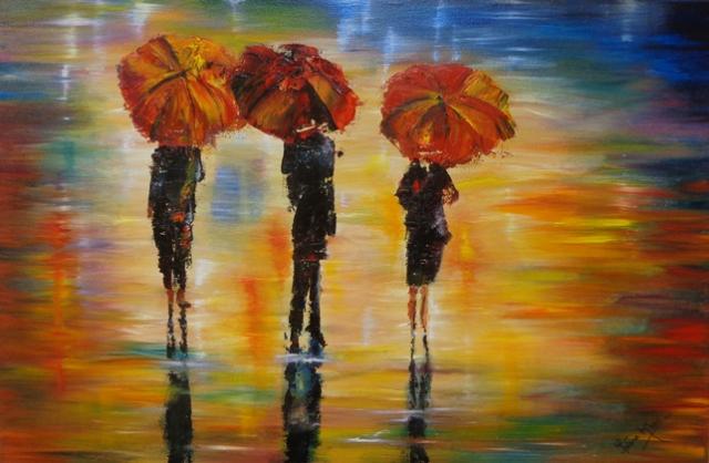 "Red umbrellas" - Mixed media on Canvas 36" x 24" - Sold :)